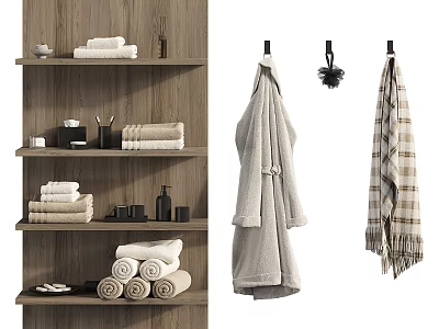 Bathroom Accessories with Wooden Shelf Folded Towels Bathrobe and Plaid Towel 3d model