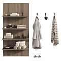 Bathroom Accessories with Wooden Shelf Folded Towels Bathrobe and Plaid Towel