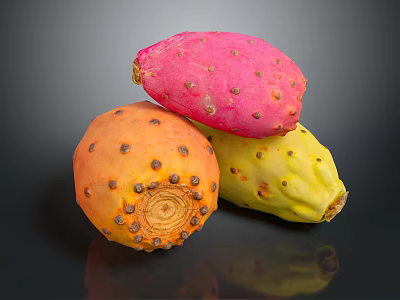 Fresh Ripe Prickly Pear Fruits in Red Orange Yellow Colors on Dark Background 3d model Fresh Ripe Prickly Pear Fruits in Red Orange Yellow Colors on Dark Background 3d model