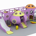 Purple Spaceship Shaped Children's Playground With Slide Animal Toys And Orange Dome