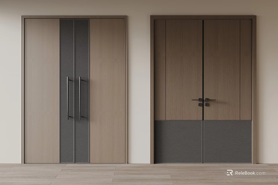 Modern Wooden Double Doors With Gray Brown Panel And Metal Handles 3d model 