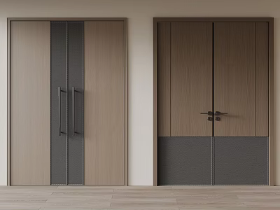 Modern Wooden Double Doors With Gray Brown Panel And Metal Handles 3d model