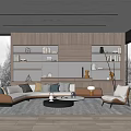 Modern Living Room Interior With Curved Sofa Wooden Bookshelves And Round Coffee Table