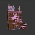 Traditional Wooden Display Cabinet With Decorative Vases Plates Wine Bottles And Open Wooden Case