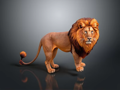 3D Rendered Lion Standing On Dark Background With Distinct Mane And Reflection 3d model