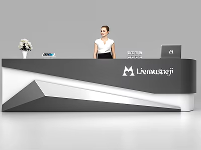 Modern Stylish Black and White Geometric Reception Desk With Receptionist in Office Lobby 3d model
