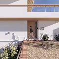 Modern Detached Villa With White Exterior Balcony Railing Paved Driveway And Green Plants