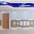Elevator Corridor with Starry Sky Ceiling Science Themed Wall Decor and Child Friendly Robot Accents 3d model