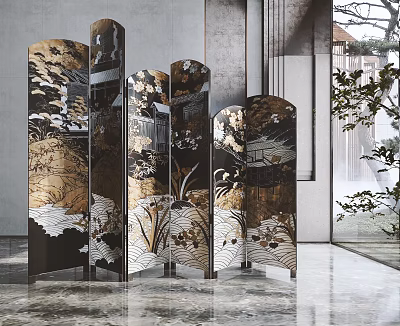 Modern Gold And Black Artistic Room Divider With Landscape Patterns For Luxury Interior Decor 3d model