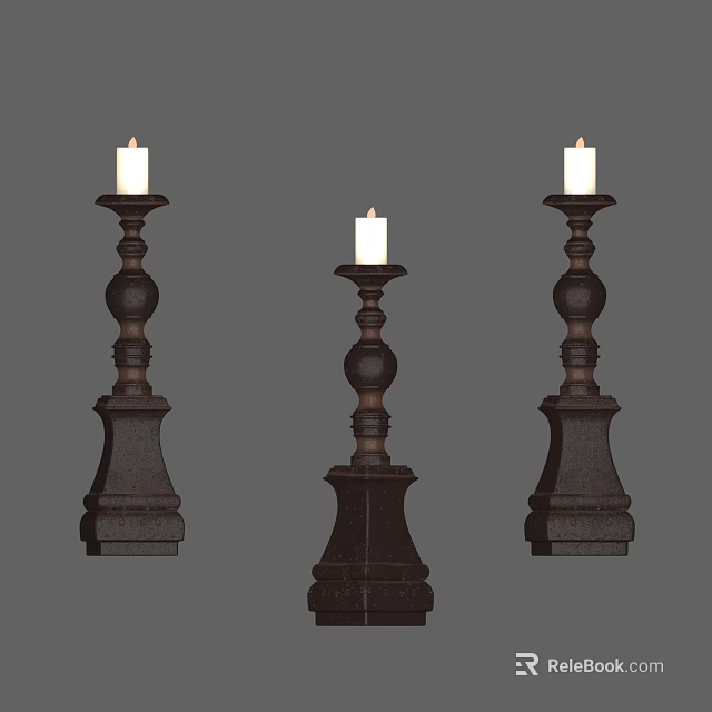 Antique Dark Brown Candle Holders With Ornate Bases And Lit White Candles 3d model 