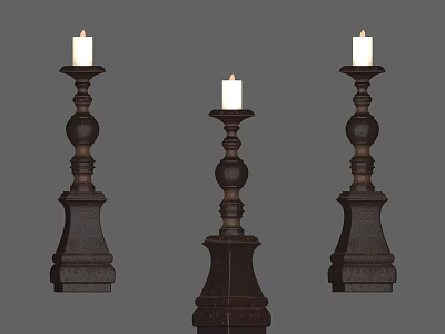 Antique Dark Brown Candle Holders With Ornate Bases And Lit White Candles 3d model