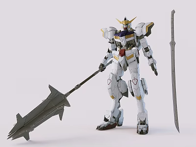 White Gundam Model With Gold Accents Holding Large Spear And Long Sword 3d model