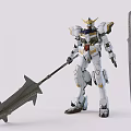 White Gundam Model With Gold Accents Holding Large Spear And Long Sword