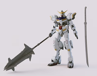White Gundam Model With Gold Accents Holding Large Spear And Long Sword 3d model
