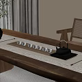 Natural Style Tea Table Setting With Wooden Long Table Teapot Tea Cups And Wicker Chair
