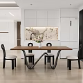 Modern Dining Table Set with Wooden Top Black Chairs and Marble Backsplash in Kitchen