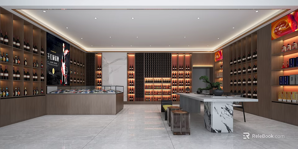 Modern Liquor Store Interior With Wooden Wine Racks Glass Display Counters And Marble Countertops 3d model 