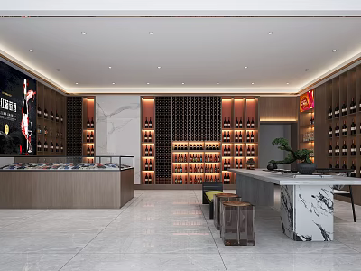 Modern Liquor Store Interior With Wooden Wine Racks Glass Display Counters And Marble Countertops 3d model