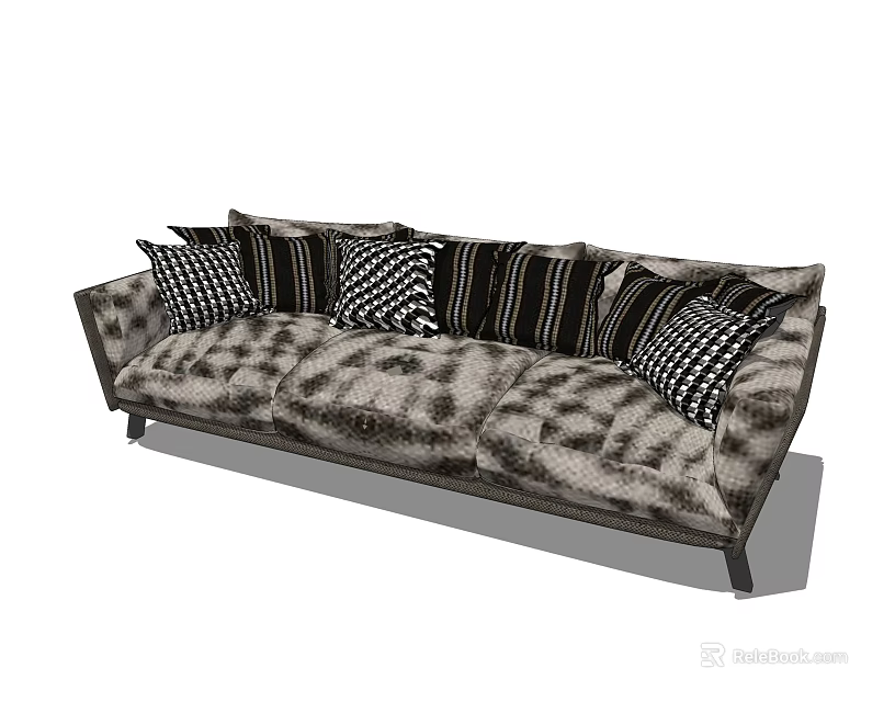 Modern Three Seater Sofa With Patterned Fabric And Black White Geometric Cushions 3d model