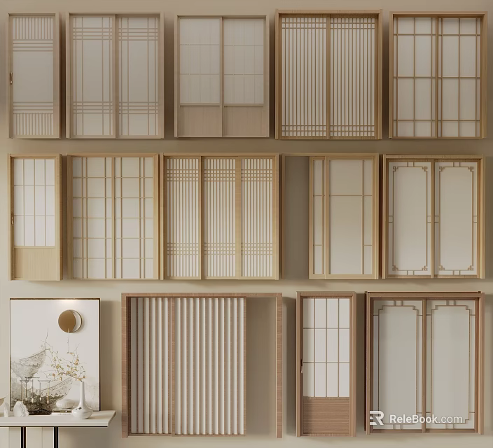 Various Wooden Sliding Doors With Different Grid Patterns For Interior Decoration 3d model