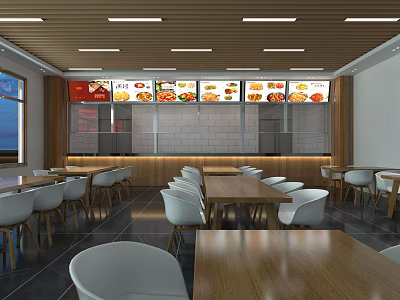 Modern Restaurant Interior With Wooden Ceiling Tables Chairs And Menu Screens 3d model