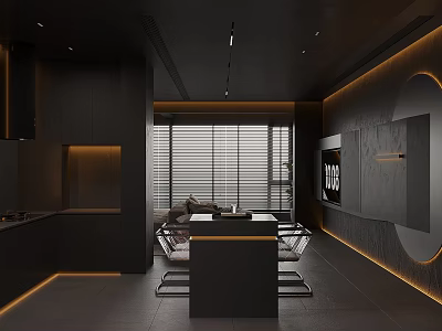 Dark Modern Open Concept Living Dining Room With Dining Table Kitchen Area Lighting TV Wall 3d model