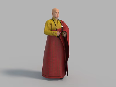 Bald Man In Yellow Top And Red Plaid Robe Holding Object On Gray Background 3d model