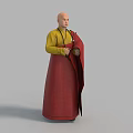 Bald Man In Yellow Top And Red Plaid Robe Holding Object On Gray Background