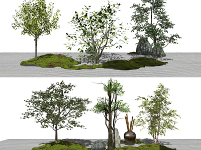 Garden Ornamental Landscape With Various Trees Stones Moss Covered Ground And Ceramic Pot 3d model