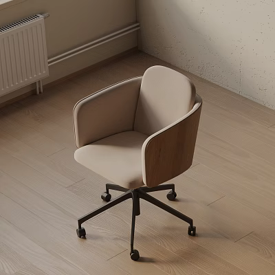 Modern Office Chair With Fabric Seat Wooden Armrests And Rolling Wheels 3d model