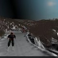 Stunning Snow Covered Alpine Mountain Scenery With Two Skiers Skiing On Wide Smooth Winter Slope