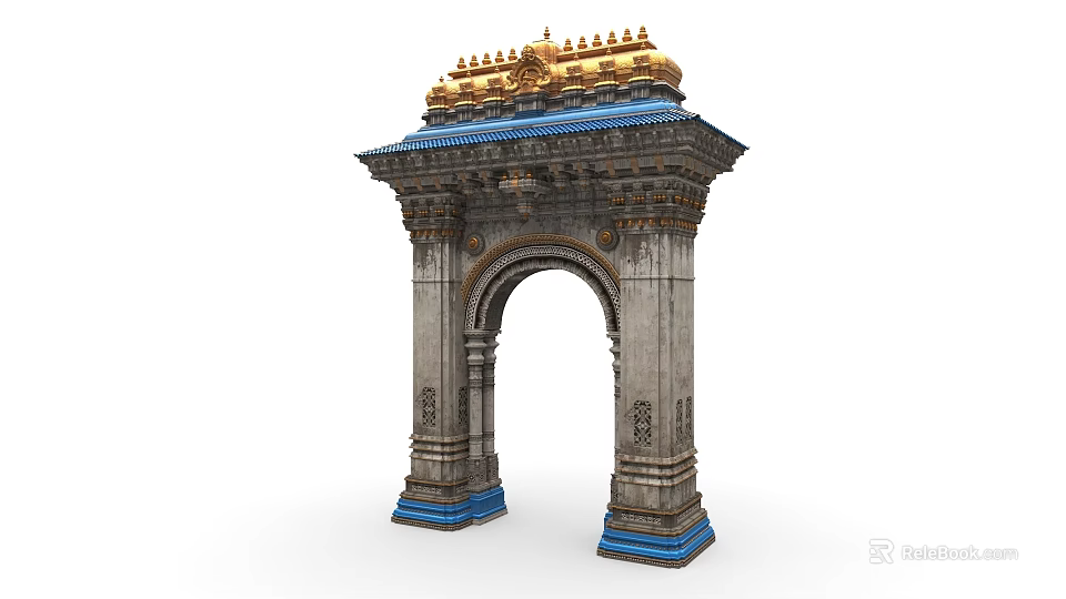 Classical Style Archway with Golden Decorations Blue Roof Carved Pillars and Blue Base 3d model 