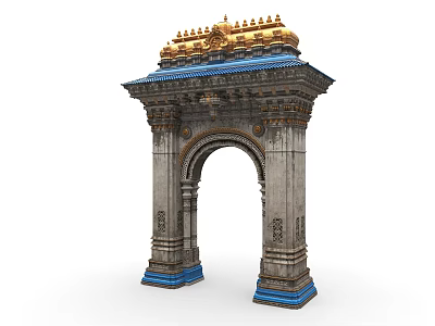 Classical Style Archway with Golden Decorations Blue Roof Carved Pillars and Blue Base 3d model