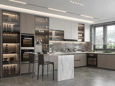 Modern Kitchen With Marble Island Gray White Cabinets Glass Door Storage And Built In Ovens 3d model