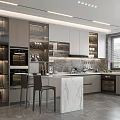 Modern Kitchen With Marble Island Gray White Cabinets Glass Door Storage And Built In Ovens