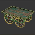 Vintage Wooden Cart With Turquoise Weathered Surface And Spoked Wheels
