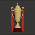 Golden Trophy With Red Ribbons And Red Base On Reflective Surface 3d model
