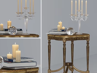 Elegant Dining Table With Golden Base Crystal Candelabra Lit Candles And Stacked Books 3d model