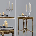 Elegant Dining Table With Golden Base Crystal Candelabra Lit Candles And Stacked Books