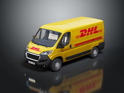 Yellow DHL Delivery Van Featuring Brand Logo With Reflection On Dark Background 3d model