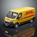Yellow DHL Delivery Van Featuring Brand Logo With Reflection On Dark Background 3d model