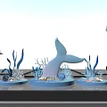 Ocean Theme Display With Blue Whale Tail Sculpture Coral Seashells And Palm Trees