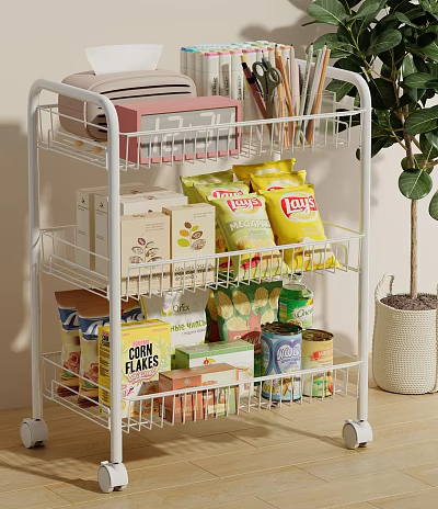 Wire Storage Shelf Organizing Lay's Chips Corn Flakes Canned Goods And Snack Boxes In Kitchen 3d model