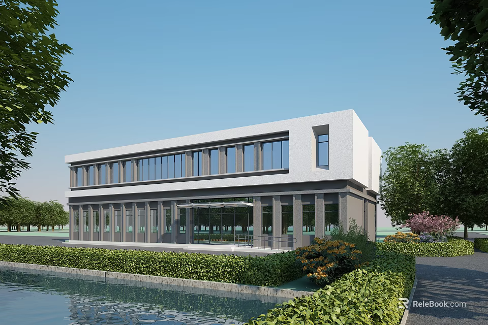 Modern Office Building With Glass Curtain Wall And Landscaped Greenery Near Water Pond 3d model 