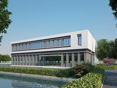 Modern Office Building With Glass Curtain Wall And Landscaped Greenery Near Water Pond 3d model