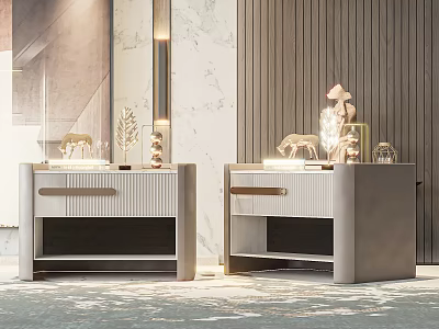 Modern Vertical Striped Bedside Tables With Table Lamp Decorative Ornaments And Dried Flower 3d model