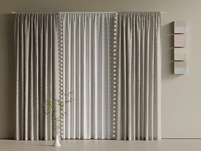 Beige and White Curtains with Pom Pom Trim and Color Swatches by Potted Plant 3d model