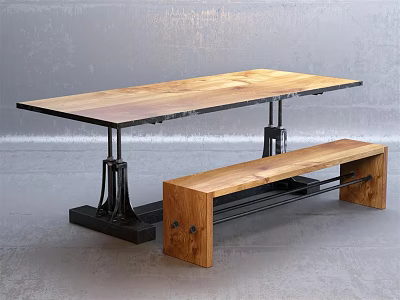 Rustic Wooden Table and Bench Set with Solid Wood Top and Metal Legs 3d model