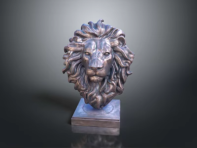 Detailed Metal Lion Head Sculpture With Ornate Mane And Square Base 3d model