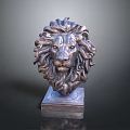 Detailed Metal Lion Head Sculpture With Ornate Mane And Square Base